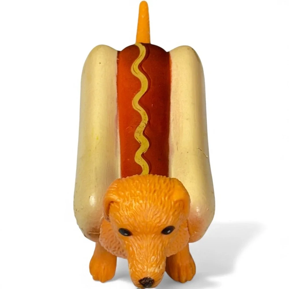 Ankyo Dachshund Hot Dog Figurine Hard Plastic Mustard Weiner Puppy Dog 6